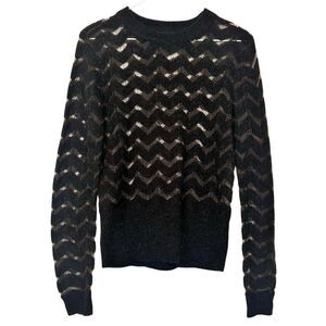 Hinge Chevron Sheer Knit Crew Neck Long Sleeve Pullover Alpaca Sweater Black Sma